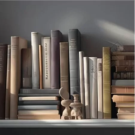 Hardcover books and artworks